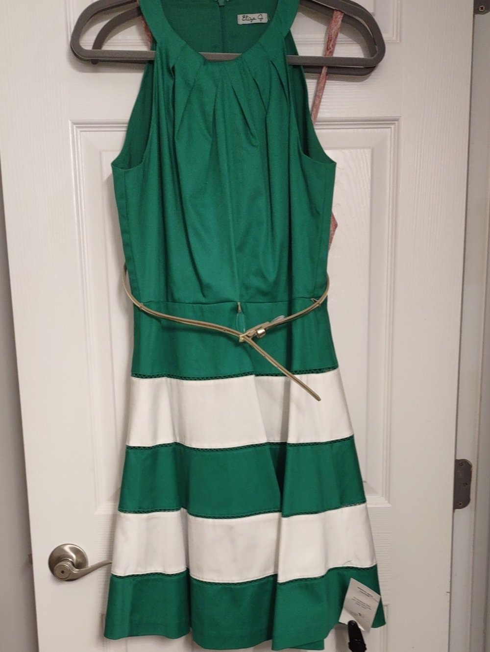 NWT Eliza J Green White Striped Halter Fit Flare Dress Size 10.